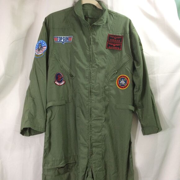 Men’s Top Gun Flight Suit Costume Olive Green XL Pilot Jumpsuit Patches Maverick - Picture 3 of 9